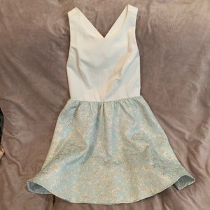 White & light blue floral jacquard mini dress
